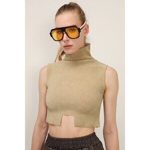 Storets Veronica Beige Ribbed Turtleneck Cropped Tank Top S/M